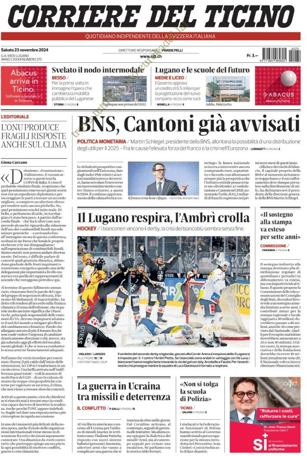 anteprima della prima pagina di corriere-del-ticino del 23/11/2024