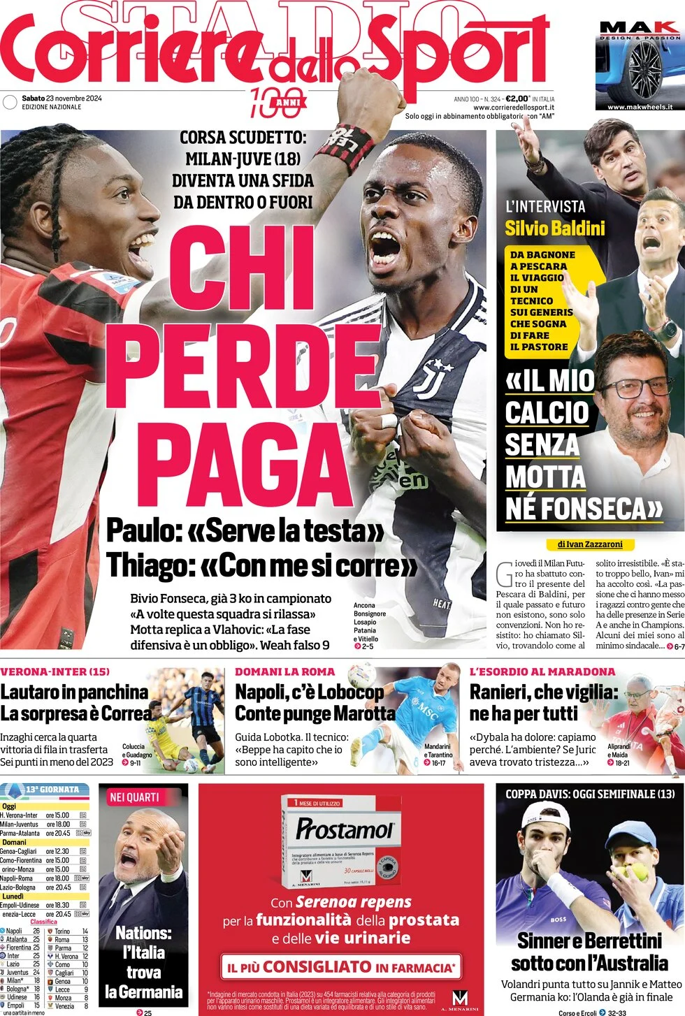 anteprima della prima pagina di corriere-dello-sport del 23/11/2024