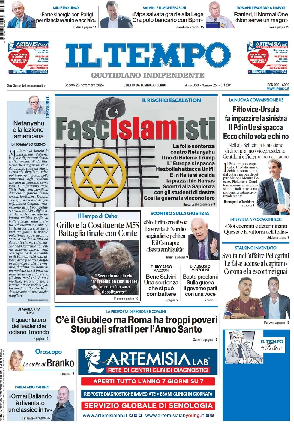 anteprima della prima pagina di il-tempo del 23/11/2024