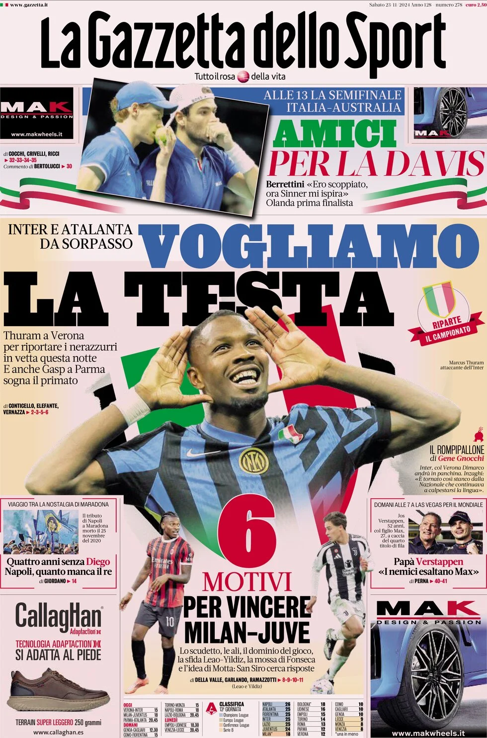 anteprima della prima pagina di la-gazzetta-dello-sport del 23/11/2024