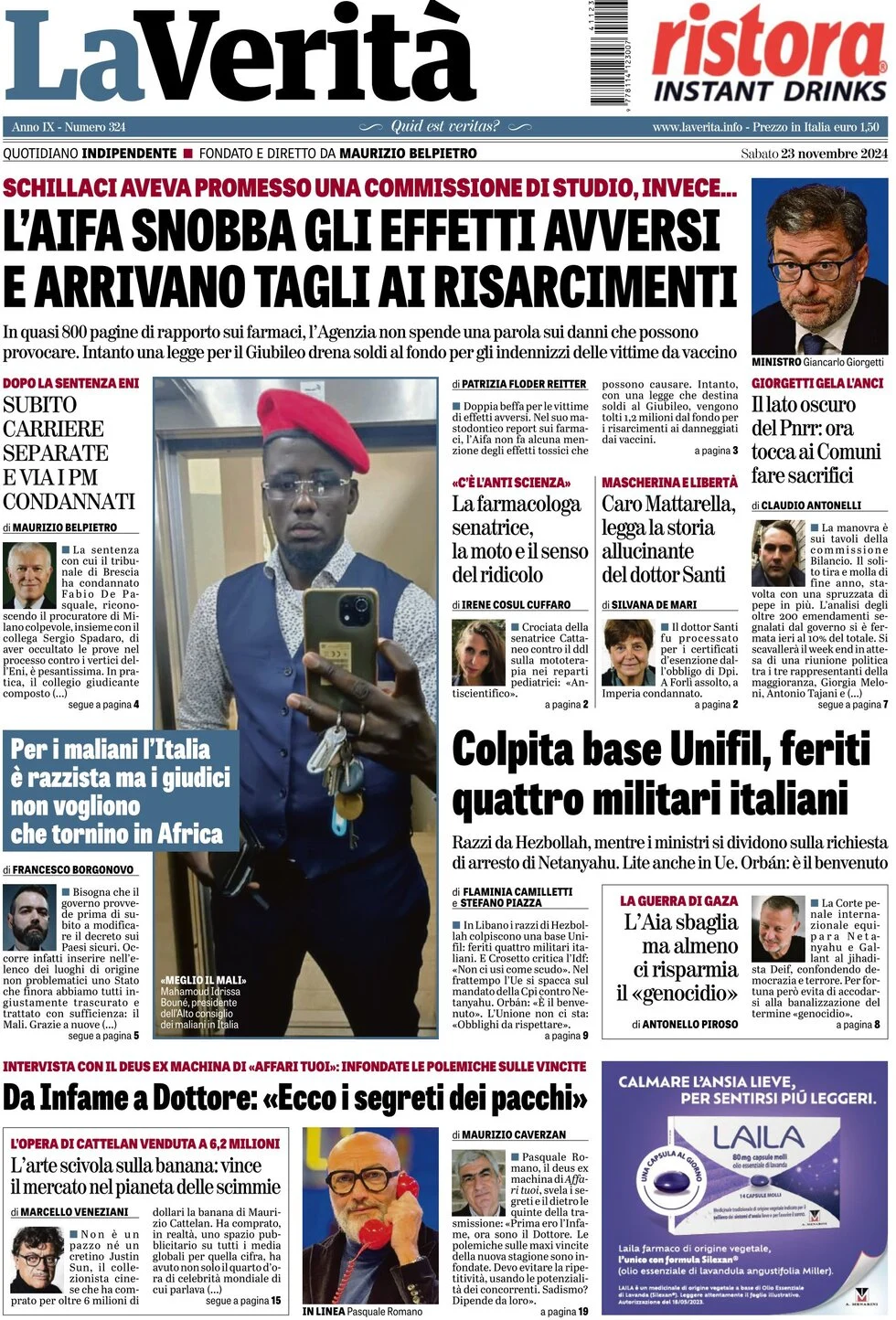 anteprima della prima pagina di la-verit del 23/11/2024