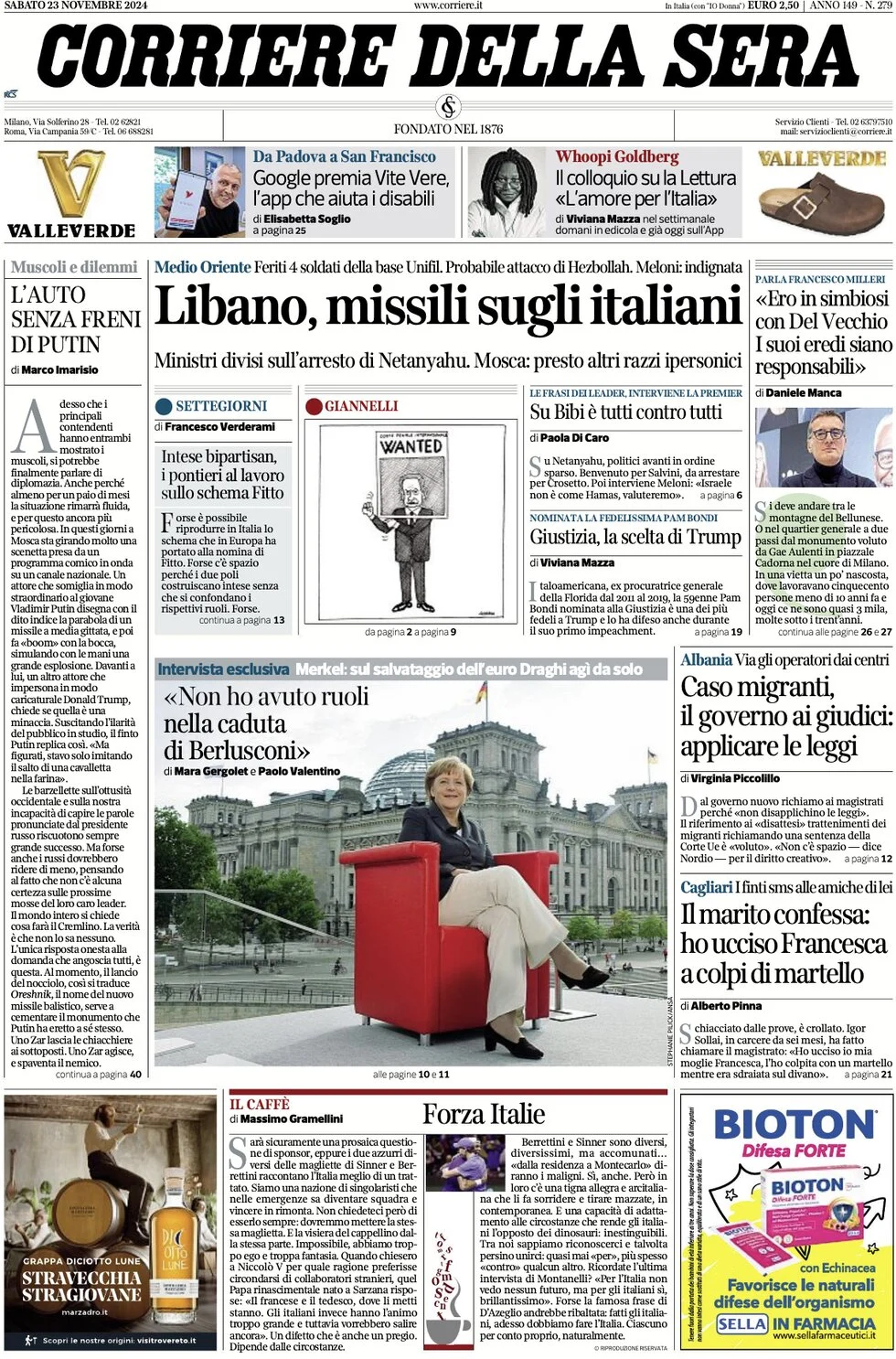 anteprima della prima pagina di corriere-della-sera del 23/11/2024