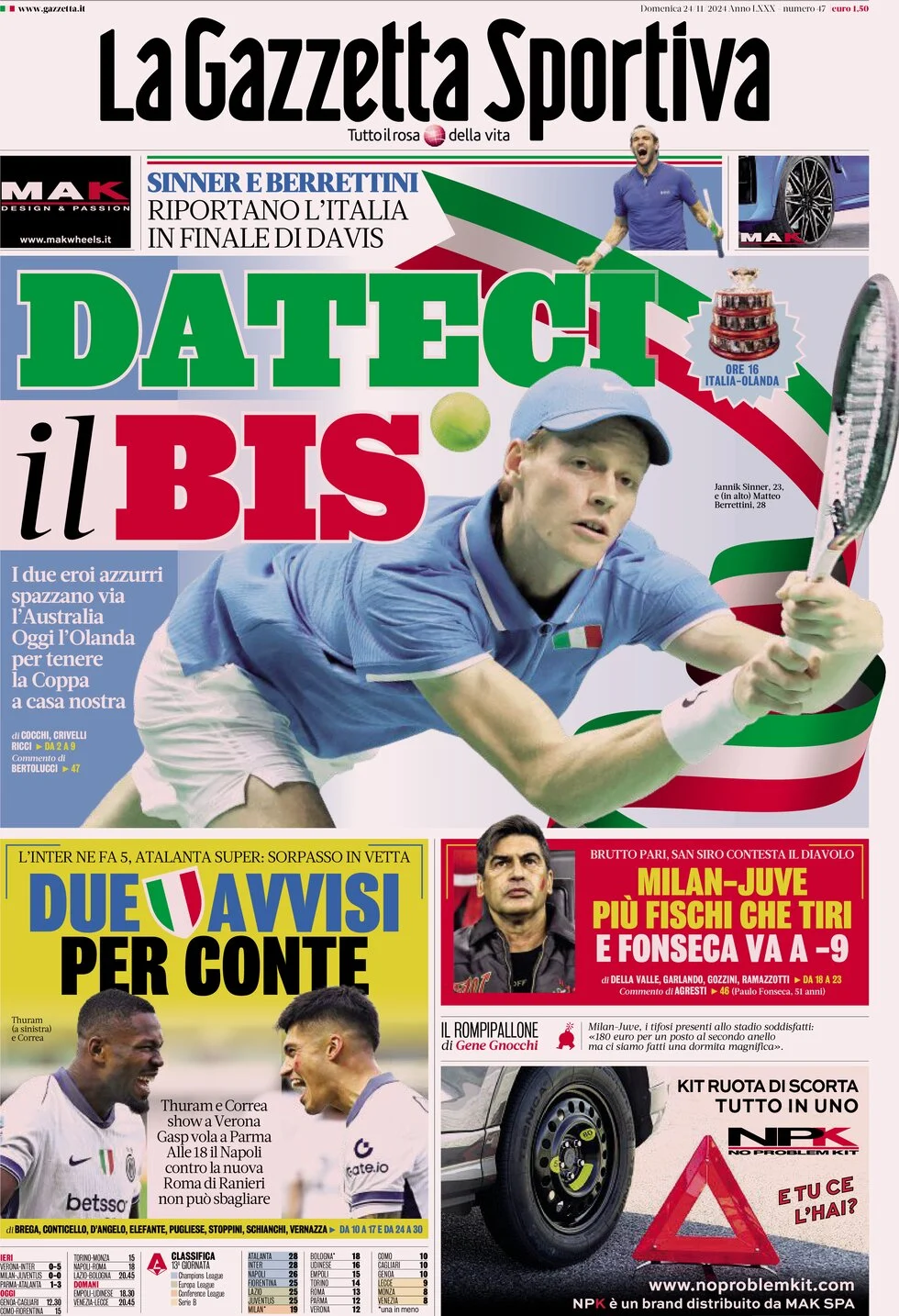 anteprima della prima pagina di la-gazzetta-dello-sport del 24/11/2024