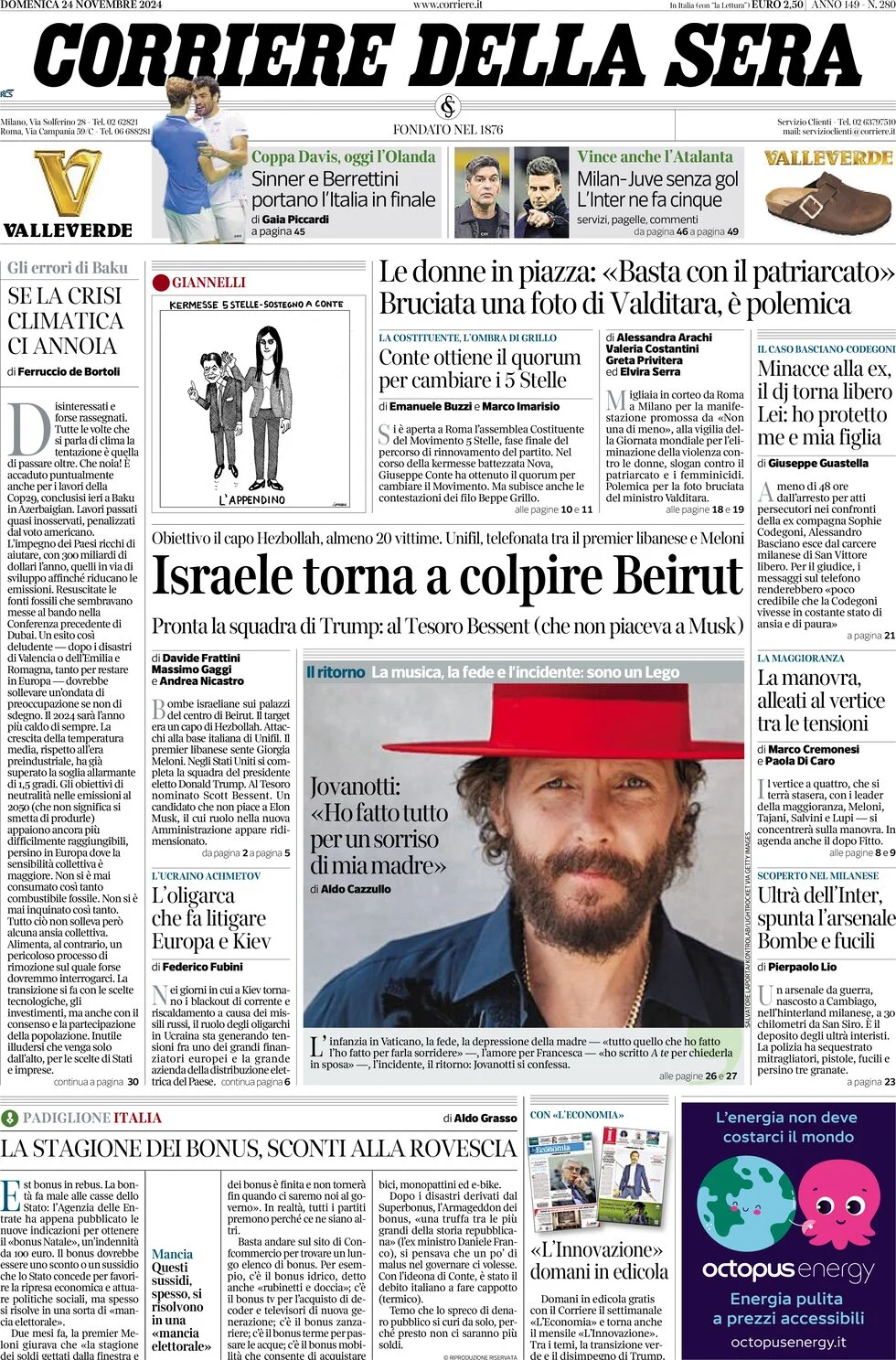anteprima della prima pagina di corriere-della-sera del 24/11/2024