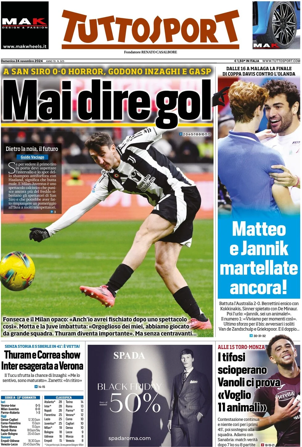 anteprima della prima pagina di tuttosport del 24/11/2024