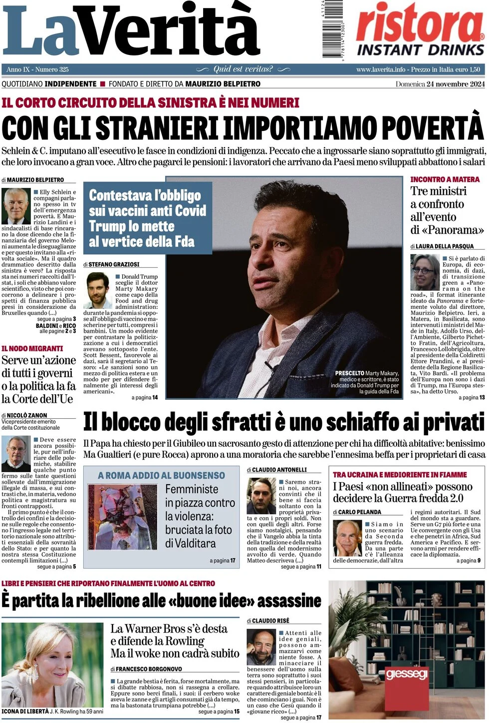 anteprima della prima pagina di la-verit del 24/11/2024