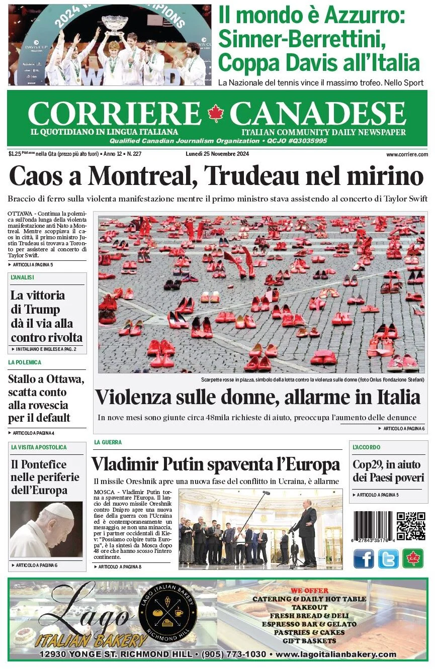anteprima della prima pagina di corriere-canadese del 25/11/2024