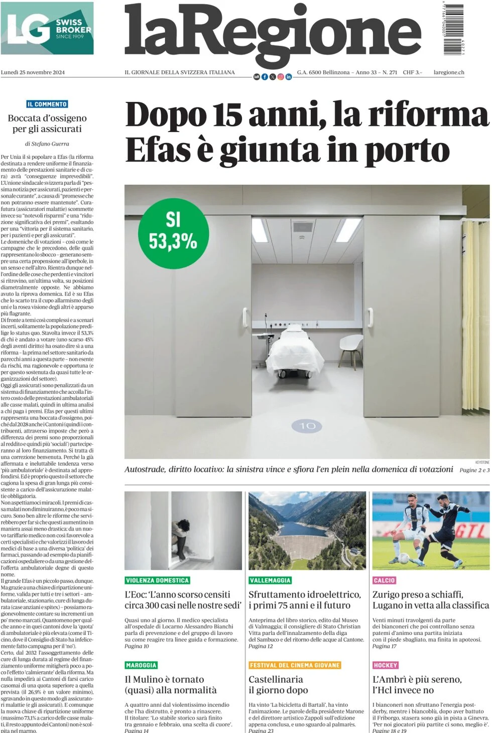 anteprima della prima pagina di la-regione del 25/11/2024