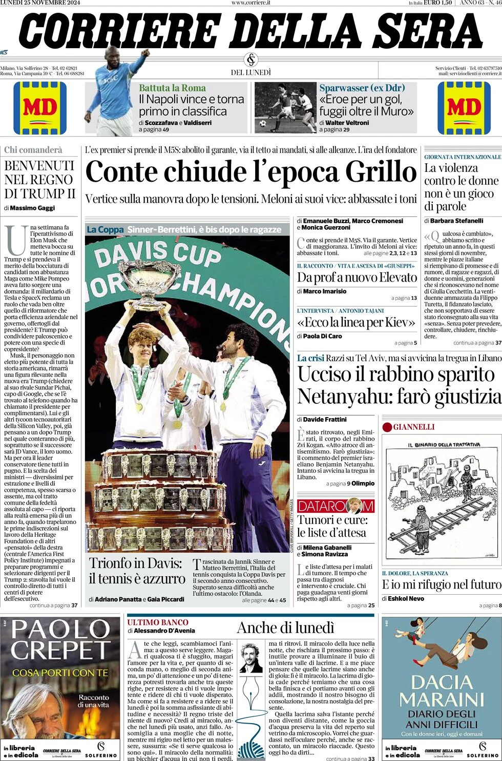 anteprima della prima pagina di corriere-della-sera del 25/11/2024