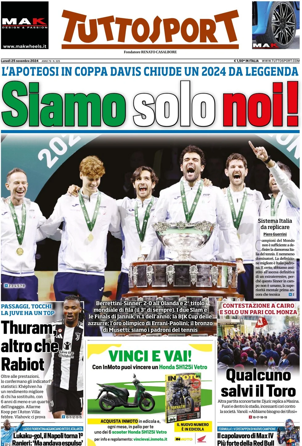 anteprima della prima pagina di tuttosport del 25/11/2024