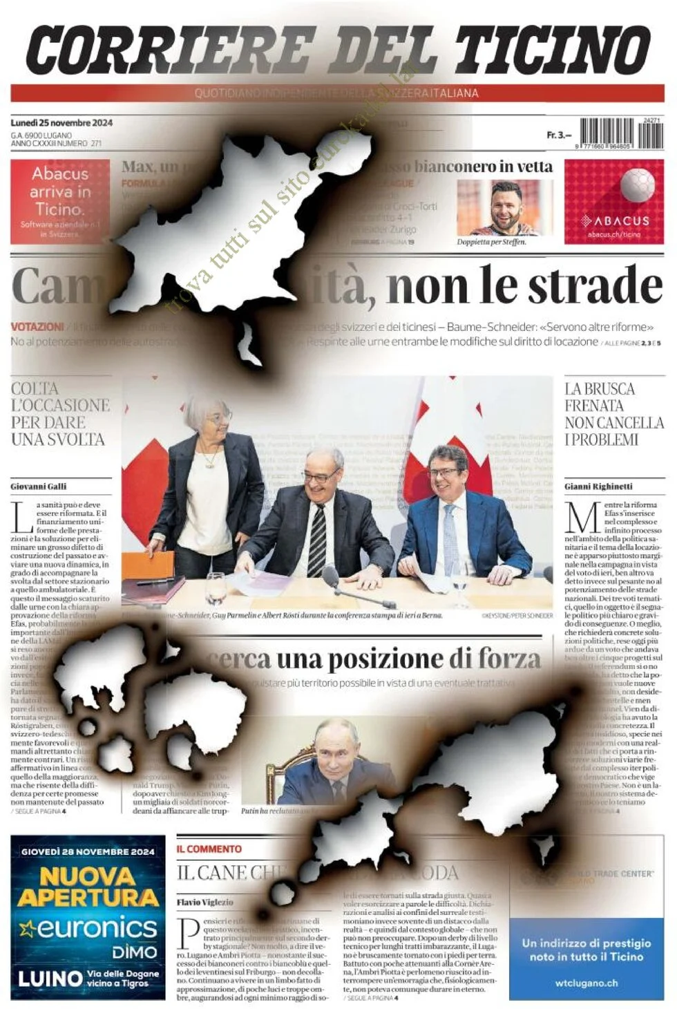 anteprima della prima pagina di corriere-del-ticino del 25/11/2024