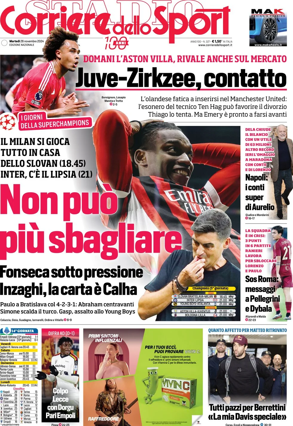 anteprima della prima pagina di corriere-dello-sport del 26/11/2024