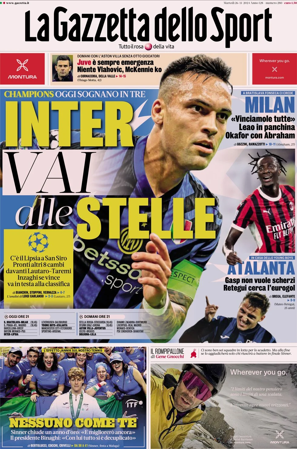 anteprima della prima pagina di la-gazzetta-dello-sport del 26/11/2024