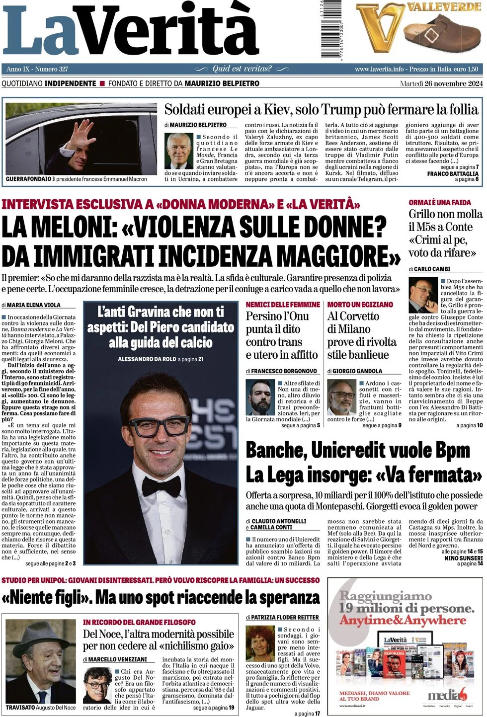 anteprima della prima pagina di la-verit del 26/11/2024