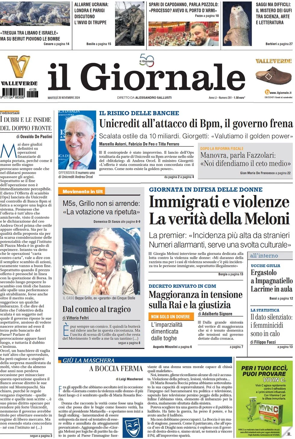anteprima della prima pagina di il-giornale del 26/11/2024
