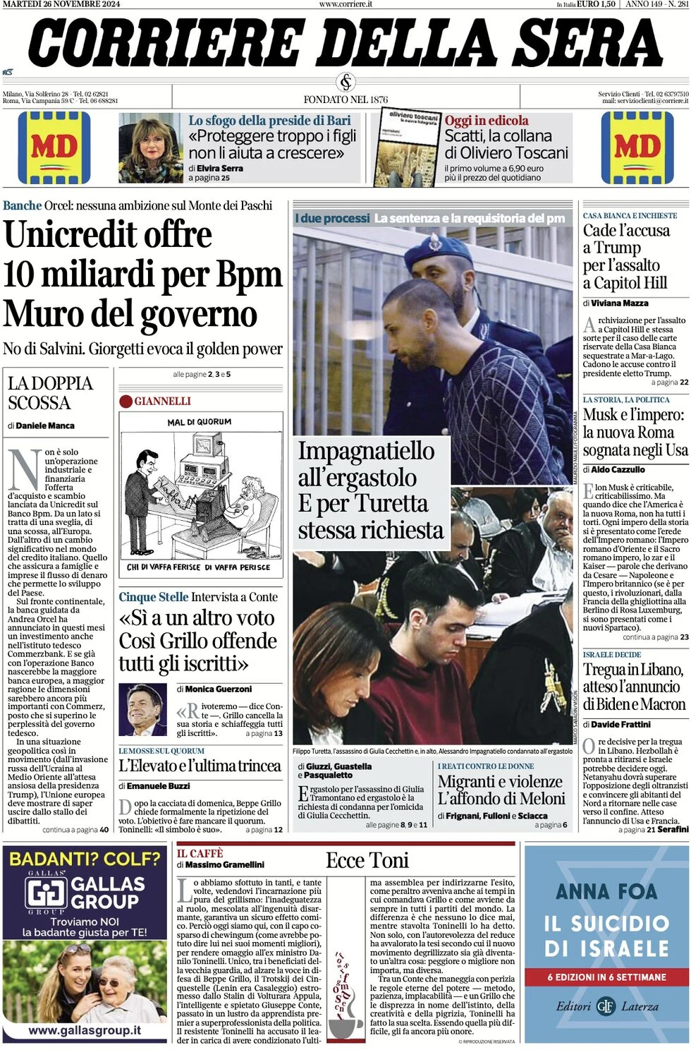 anteprima della prima pagina di corriere-della-sera del 26/11/2024