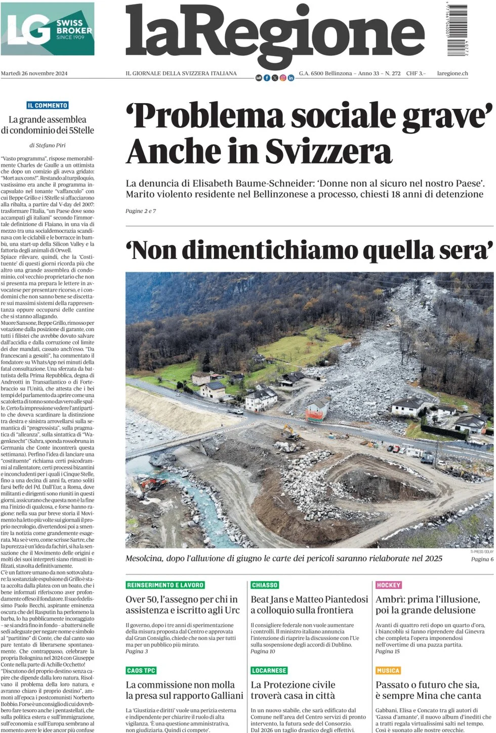 anteprima della prima pagina di la-regione del 26/11/2024