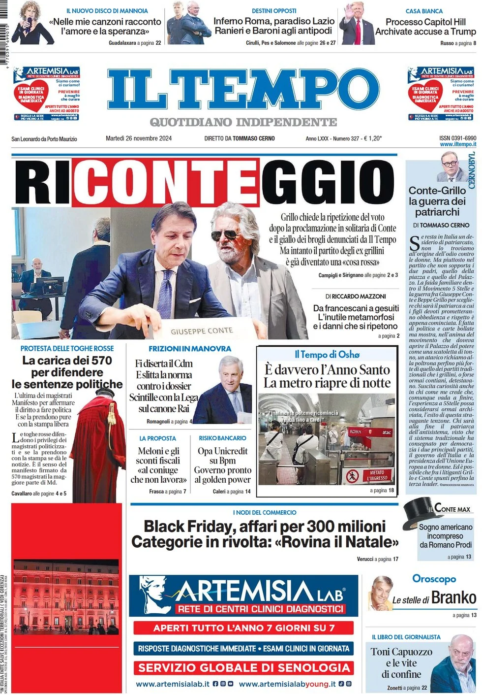anteprima della prima pagina di il-tempo del 26/11/2024