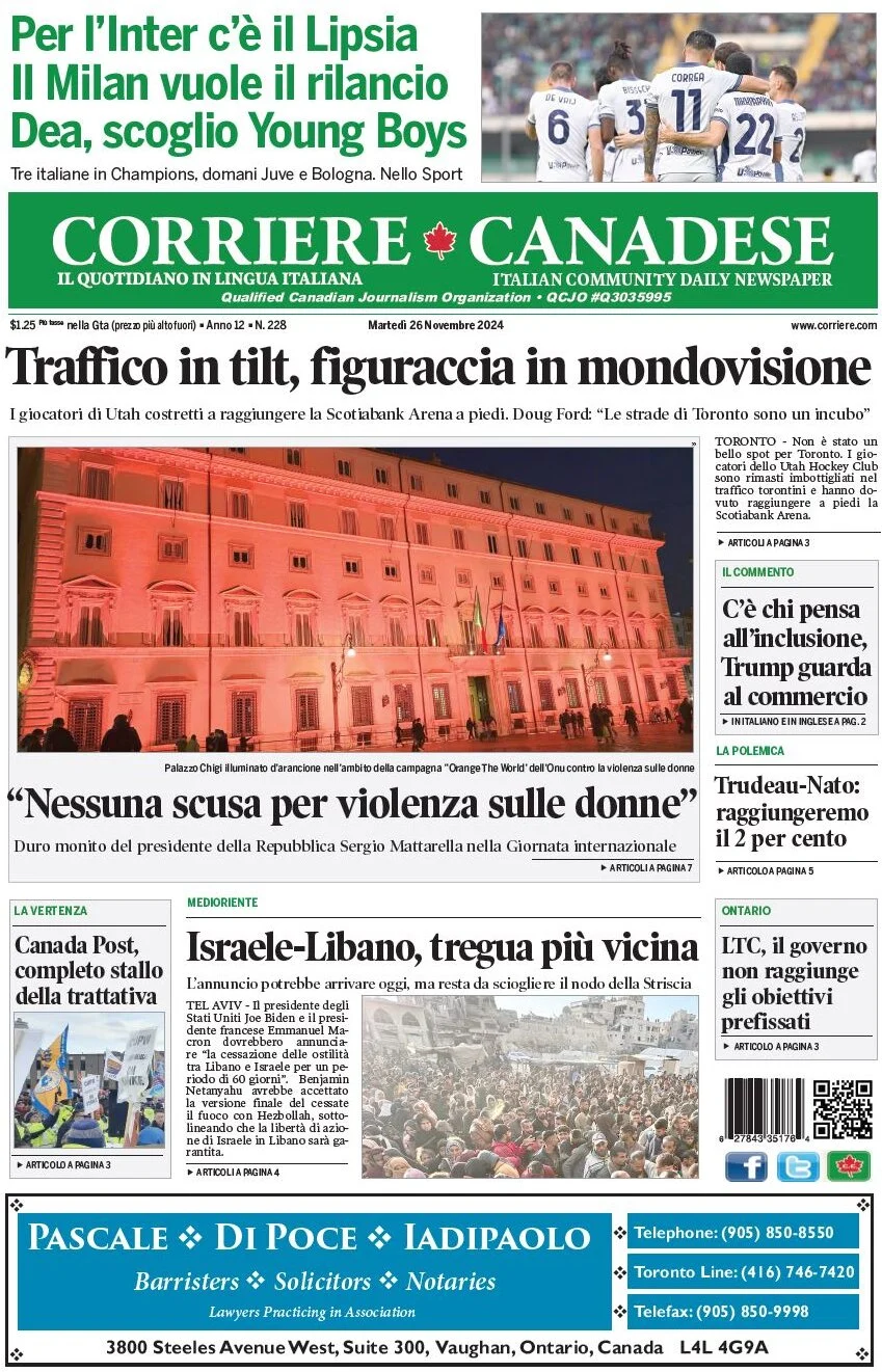 anteprima della prima pagina di corriere-canadese del 26/11/2024