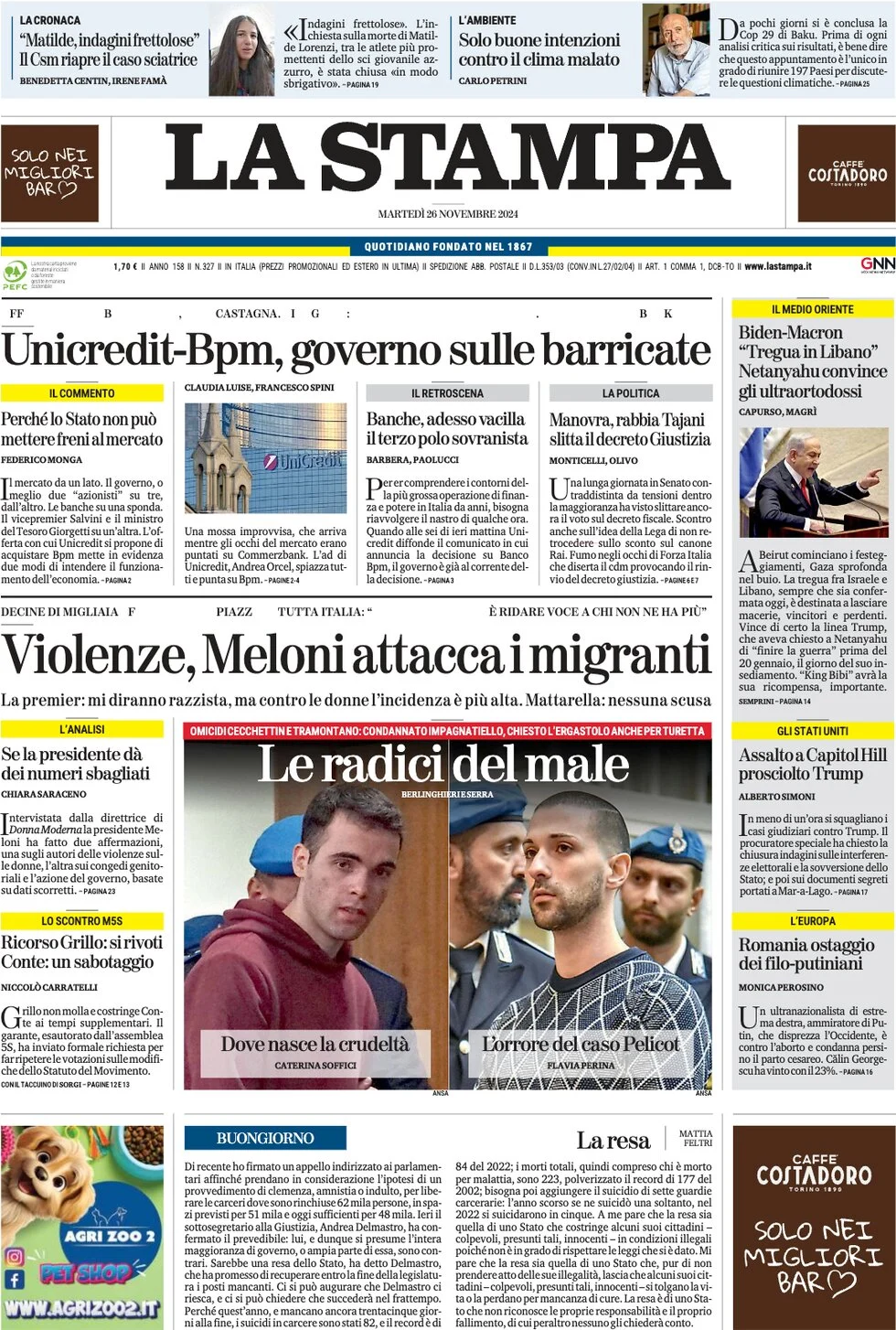 anteprima della prima pagina di la-stampa del 26/11/2024
