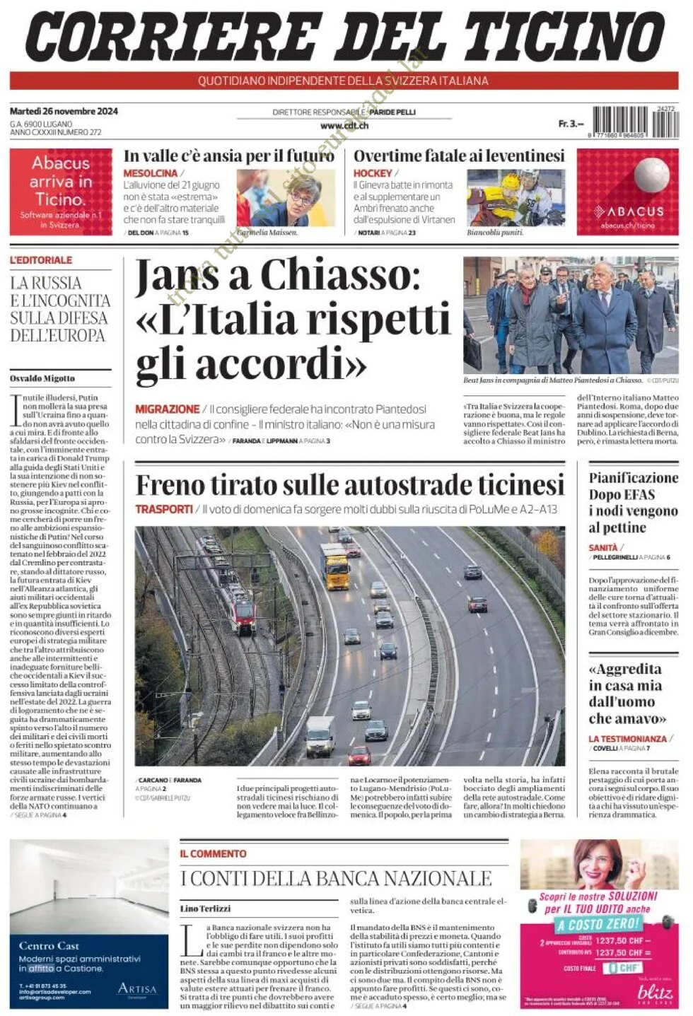 anteprima della prima pagina di corriere-del-ticino del 26/11/2024