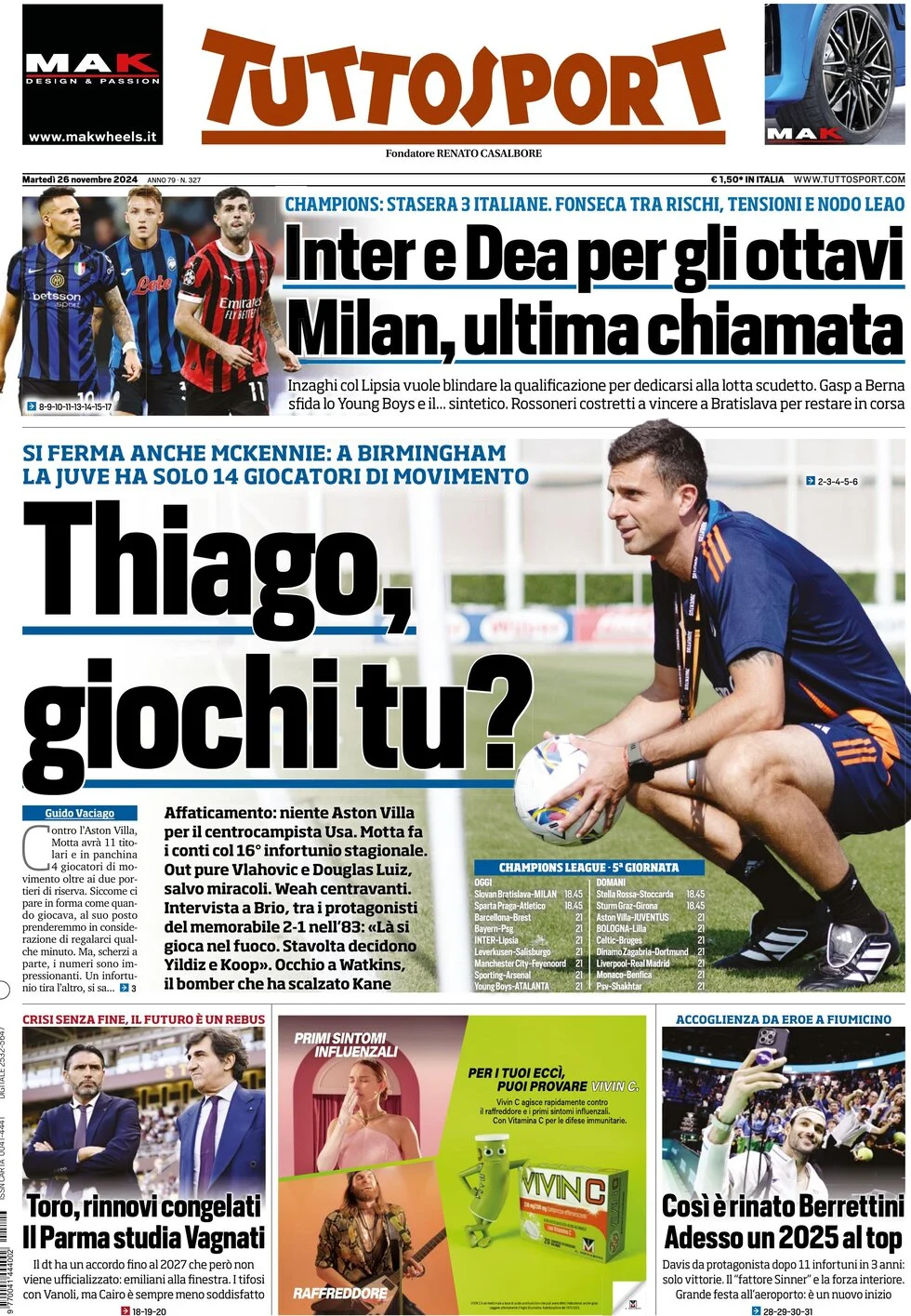 anteprima della prima pagina di tuttosport del 26/11/2024