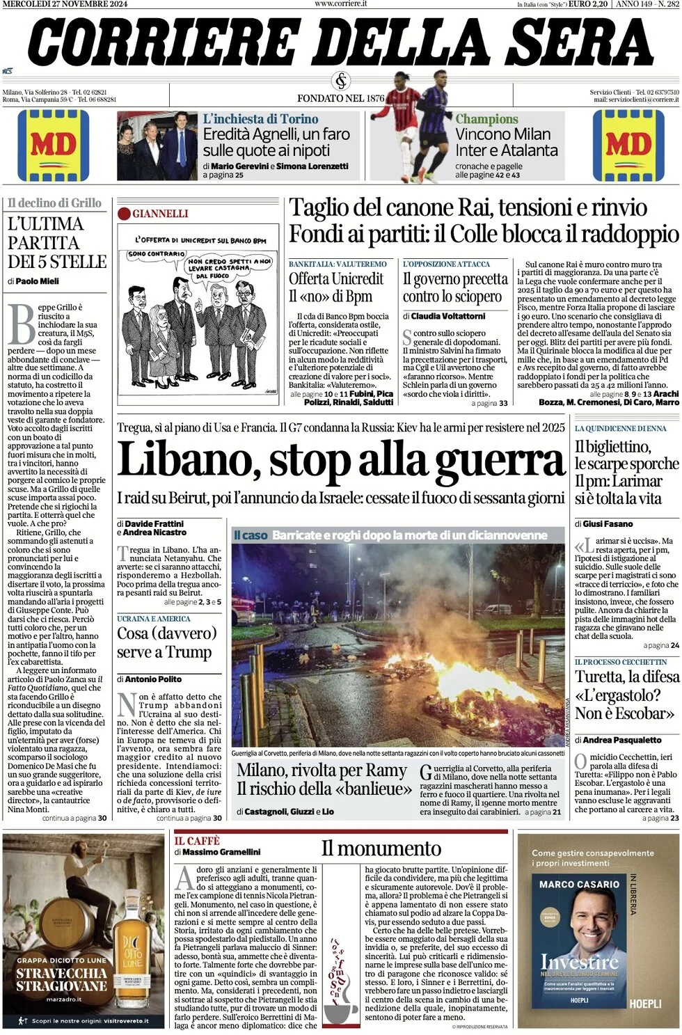 anteprima della prima pagina di corriere-della-sera del 27/11/2024