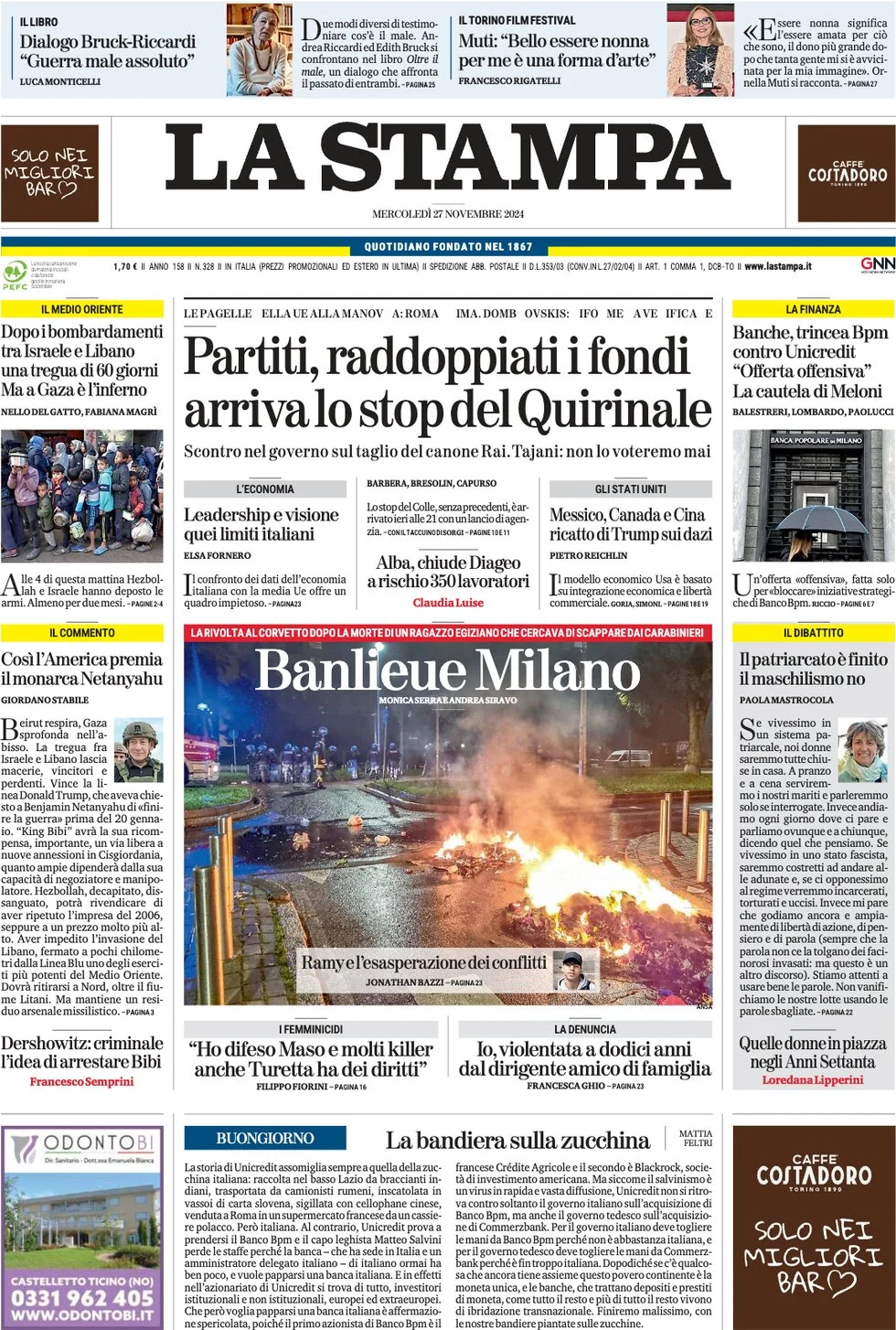anteprima della prima pagina di la-stampa del 27/11/2024