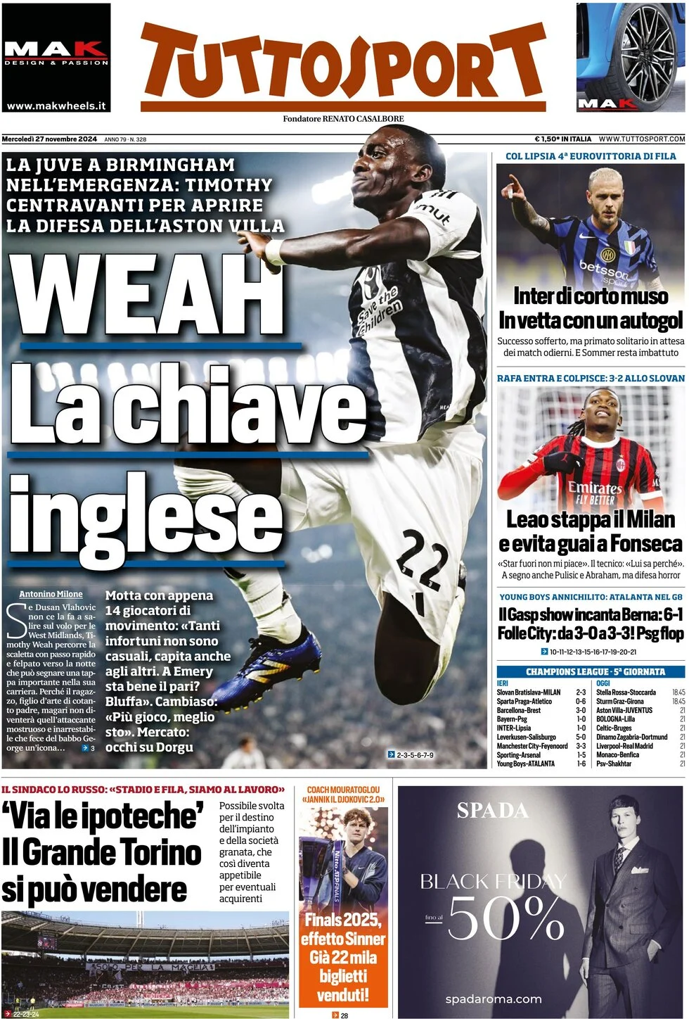 anteprima della prima pagina di tuttosport del 27/11/2024