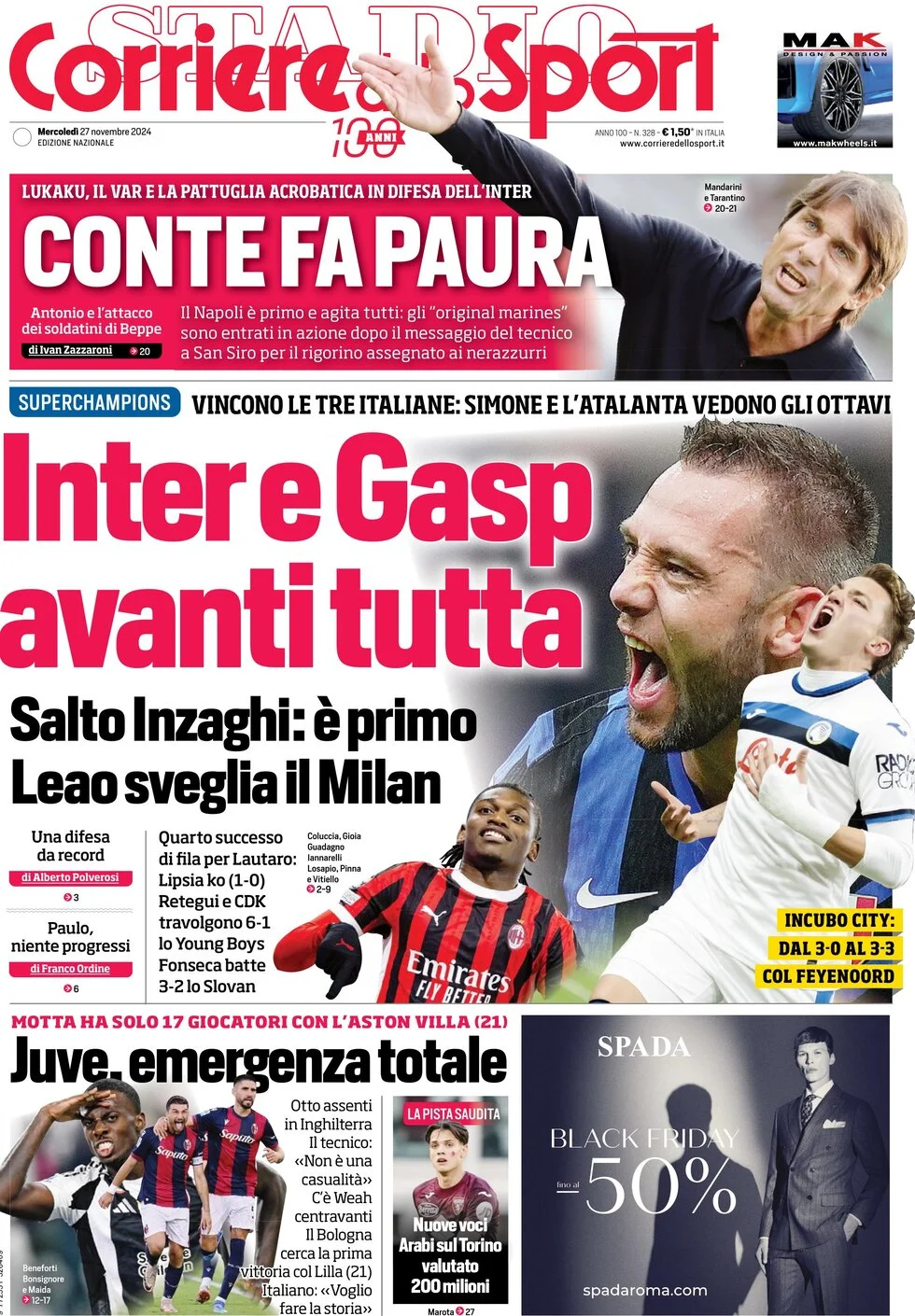 anteprima della prima pagina di corriere-dello-sport del 27/11/2024
