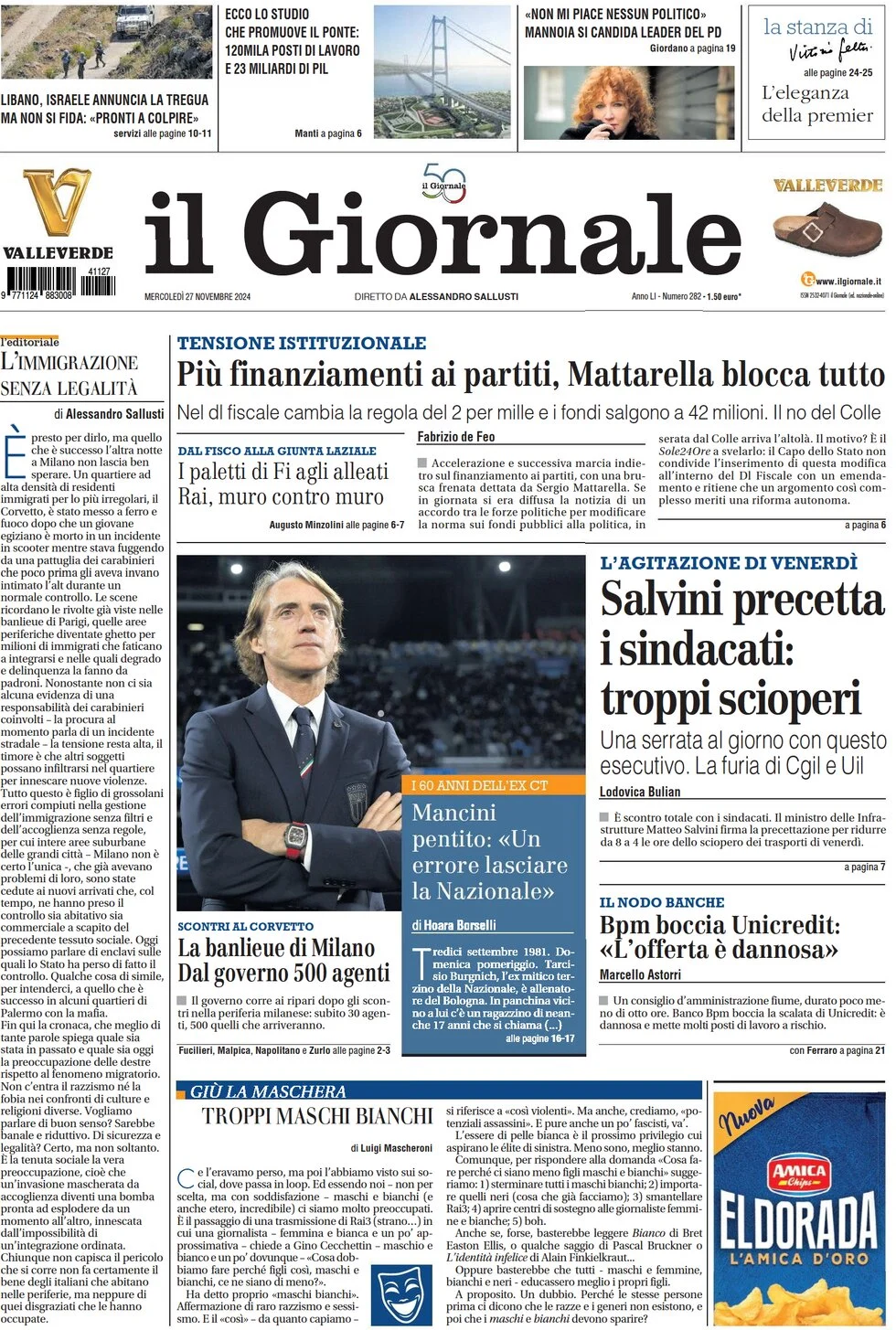 anteprima della prima pagina di il-giornale del 27/11/2024