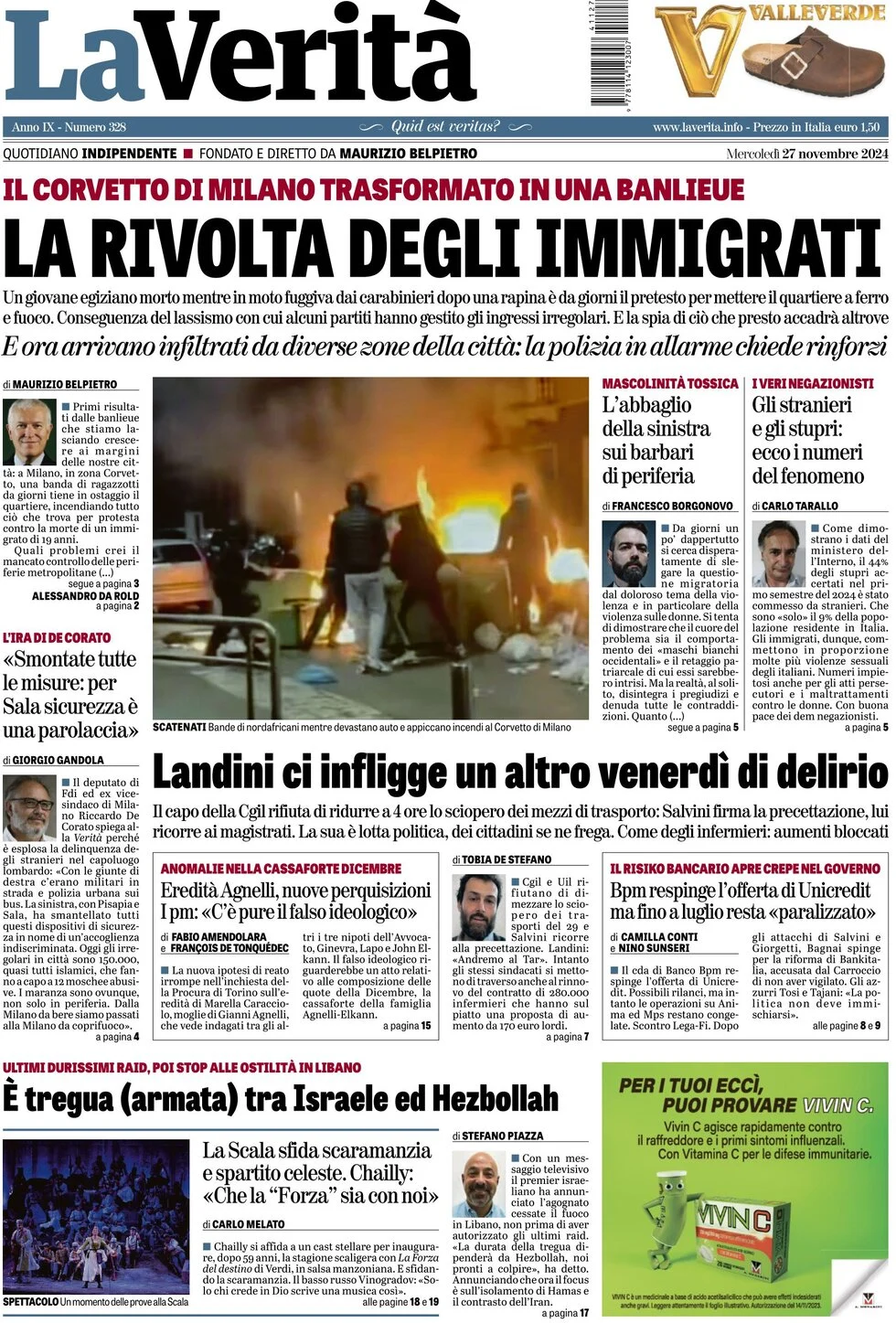 anteprima della prima pagina di la-verit del 27/11/2024