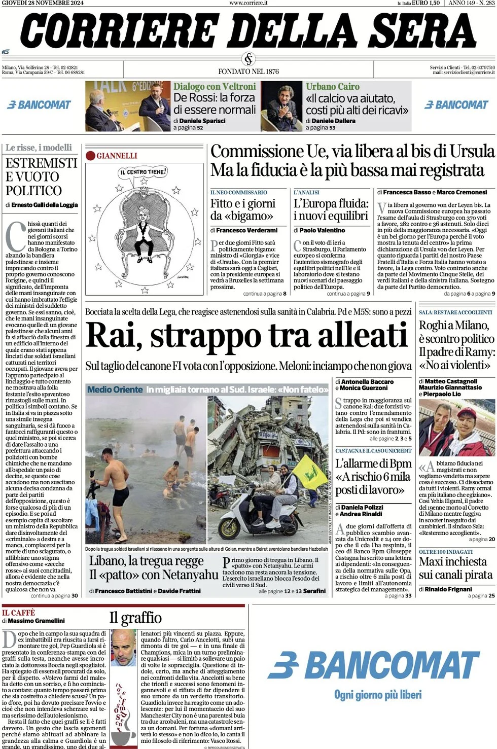 anteprima della prima pagina di corriere-della-sera del 28/11/2024