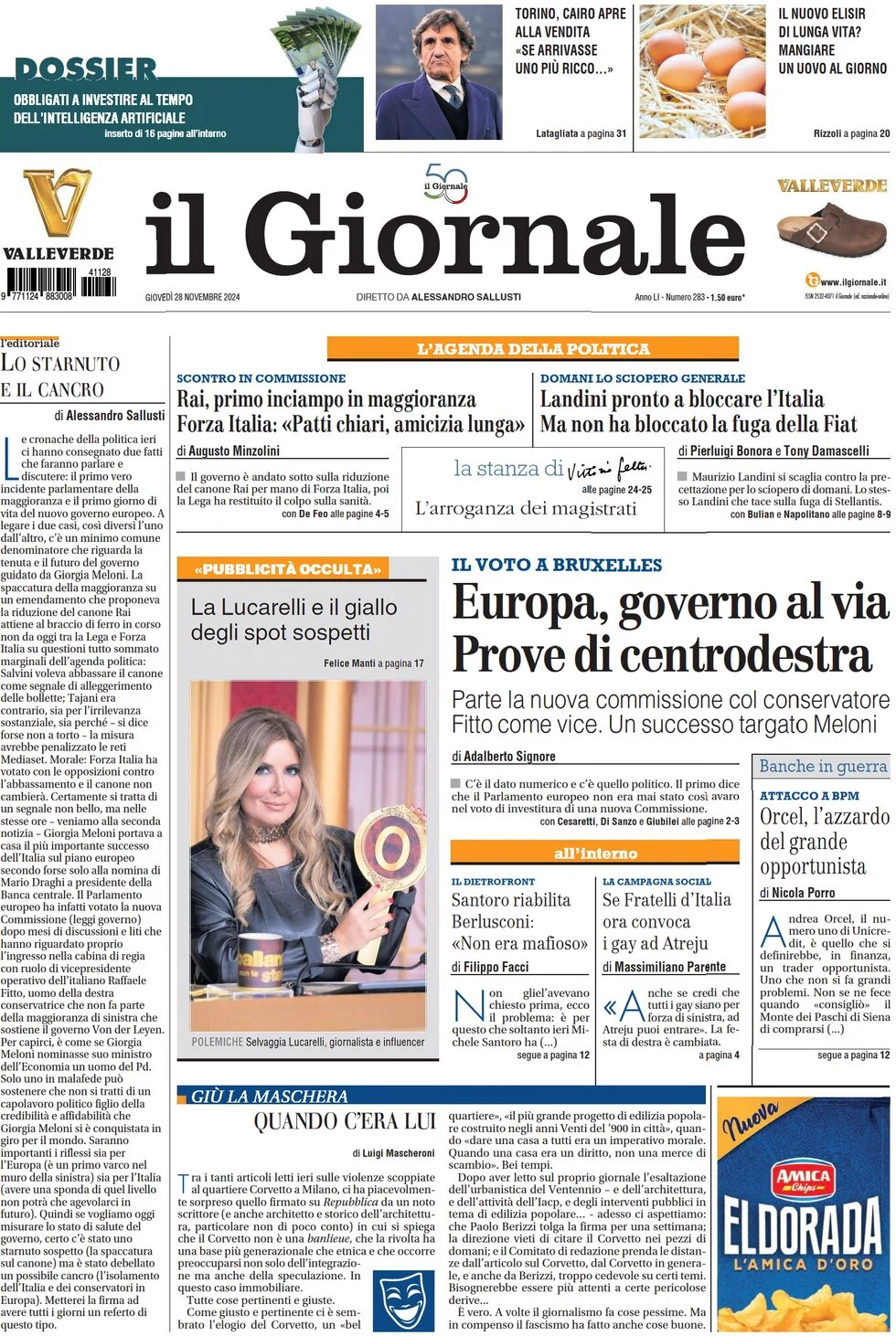 anteprima della prima pagina di il-giornale del 28/11/2024