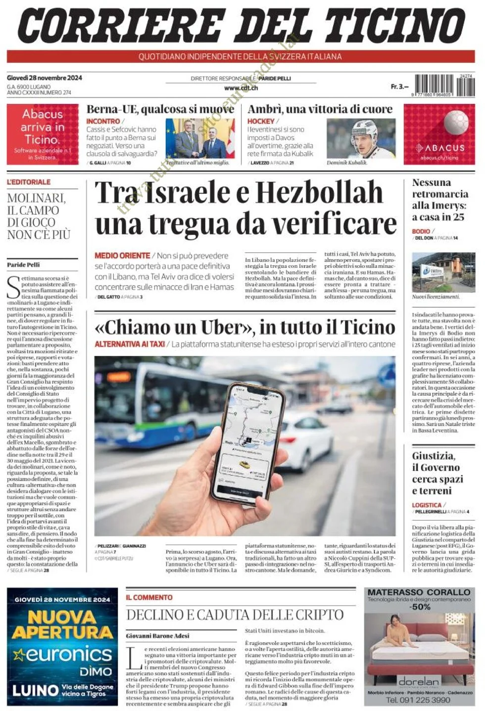 anteprima della prima pagina di corriere-del-ticino del 28/11/2024