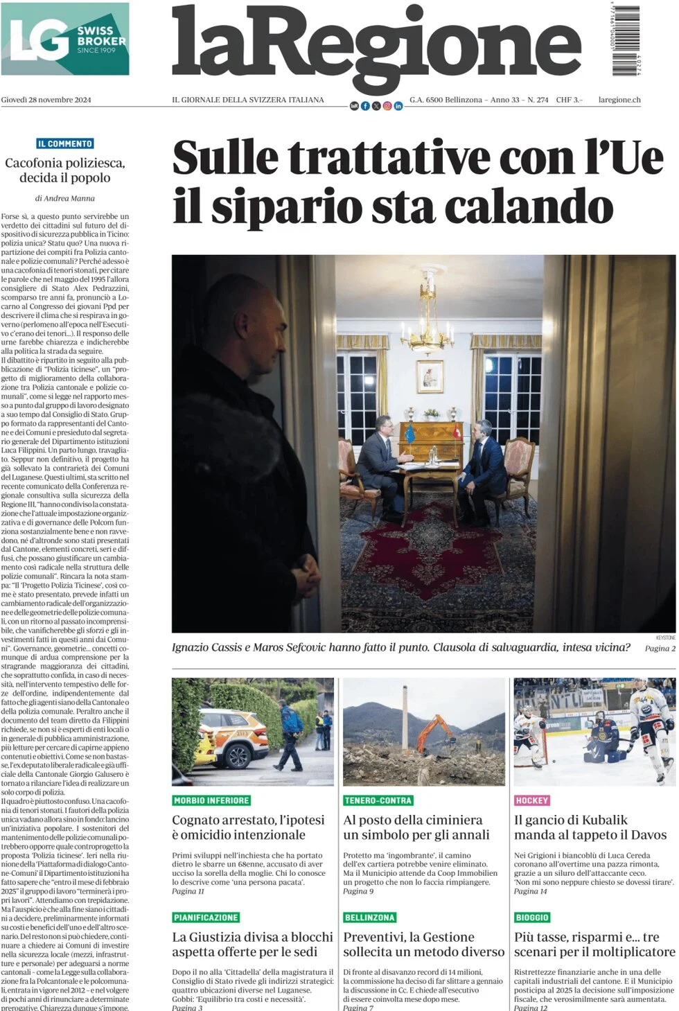anteprima della prima pagina di la-regione del 28/11/2024