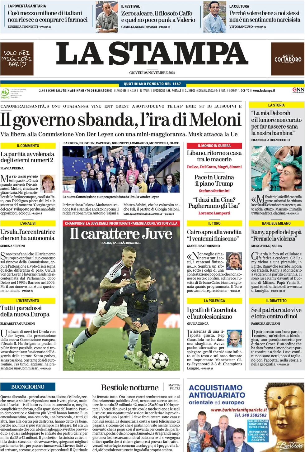 anteprima della prima pagina di la-stampa del 28/11/2024