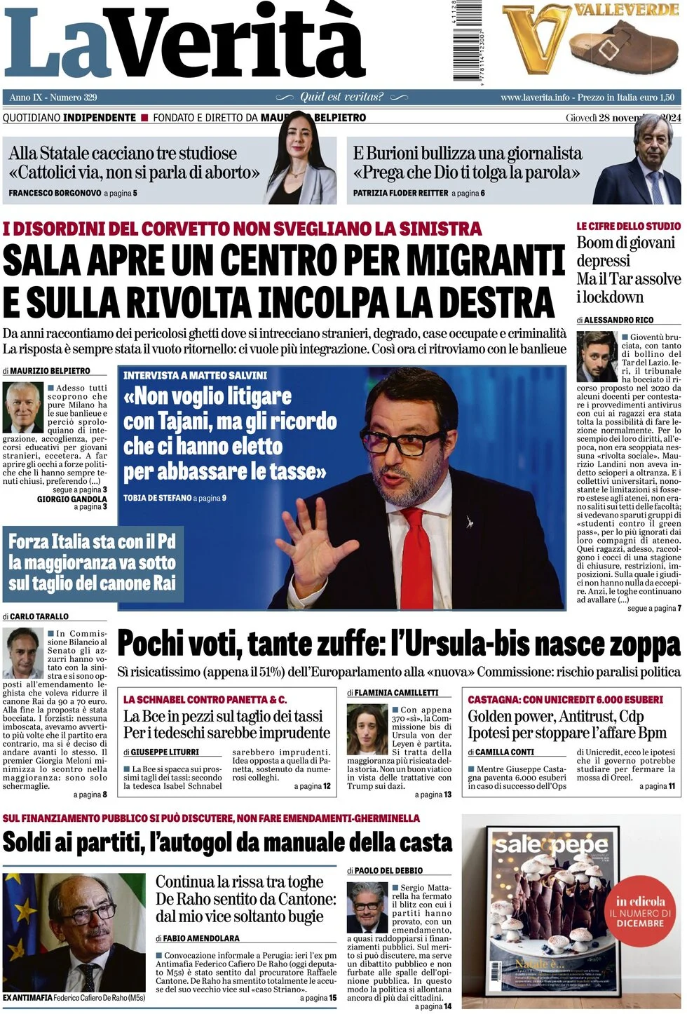 anteprima della prima pagina di la-verit del 28/11/2024