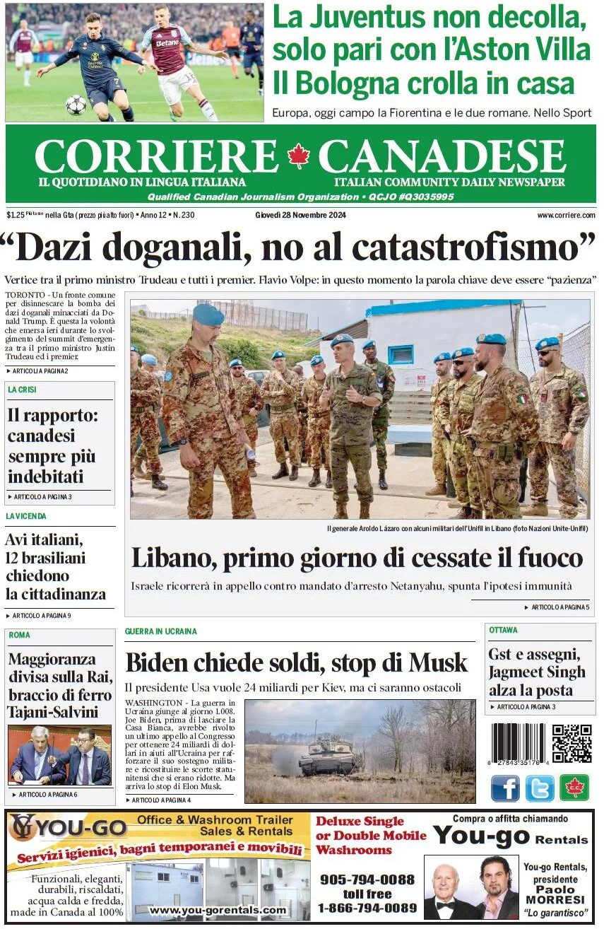 anteprima della prima pagina di corriere-canadese del 28/11/2024