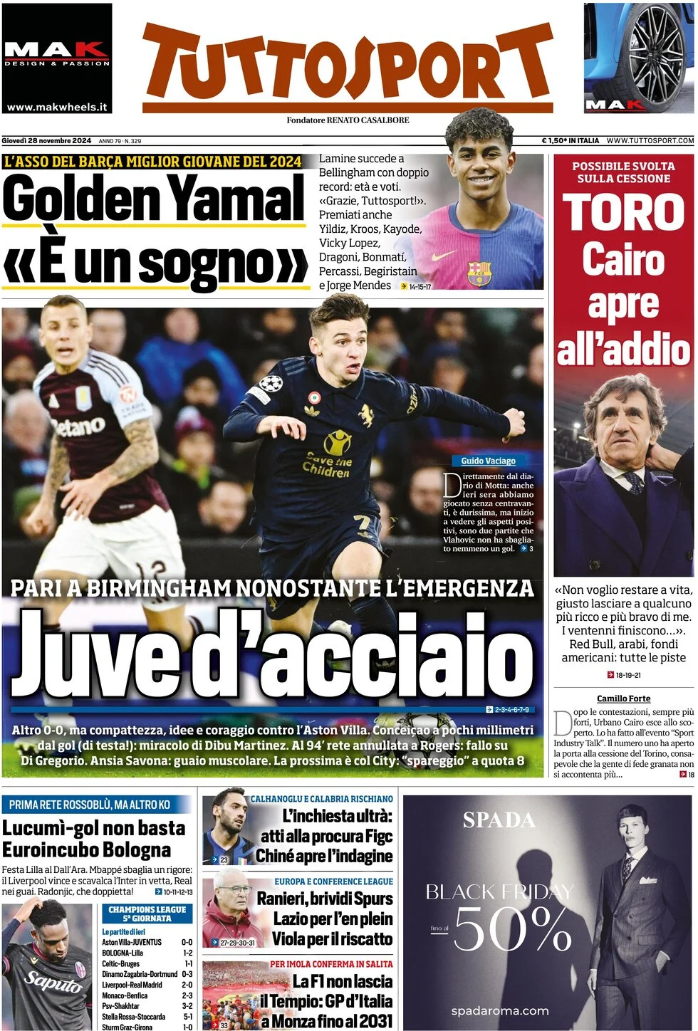 anteprima della prima pagina di tuttosport del 28/11/2024
