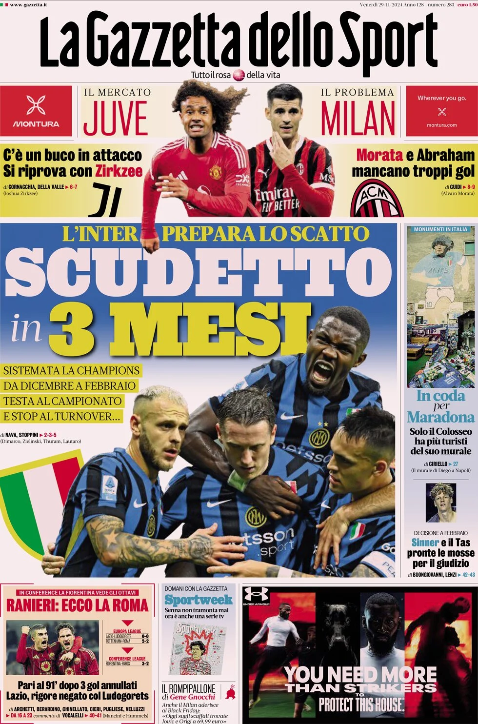 anteprima della prima pagina di la-gazzetta-dello-sport del 29/11/2024