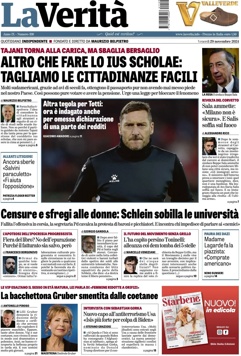 anteprima della prima pagina di la-verit del 29/11/2024