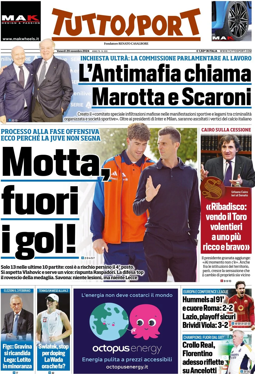 anteprima della prima pagina di tuttosport del 29/11/2024