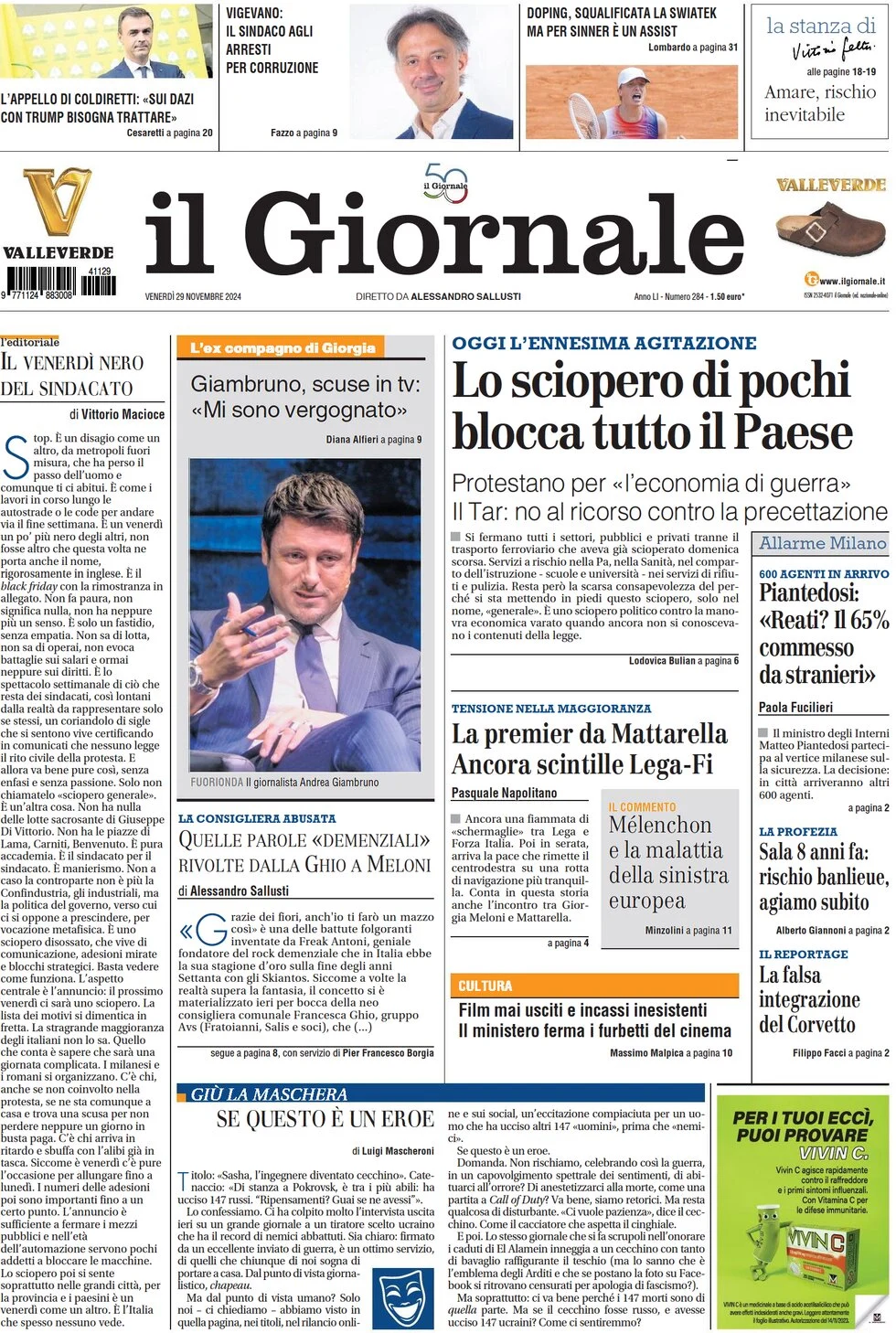 anteprima della prima pagina di il-giornale del 29/11/2024