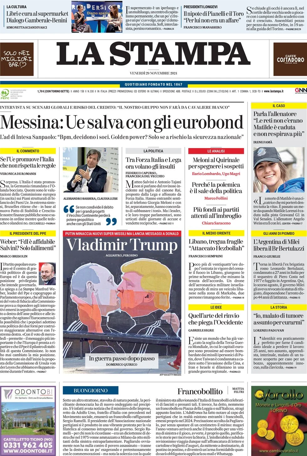 anteprima della prima pagina di la-stampa del 29/11/2024