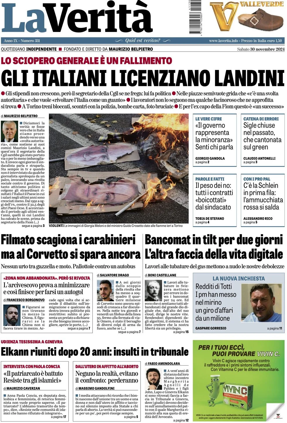 anteprima della prima pagina di la-verit del 30/11/2024