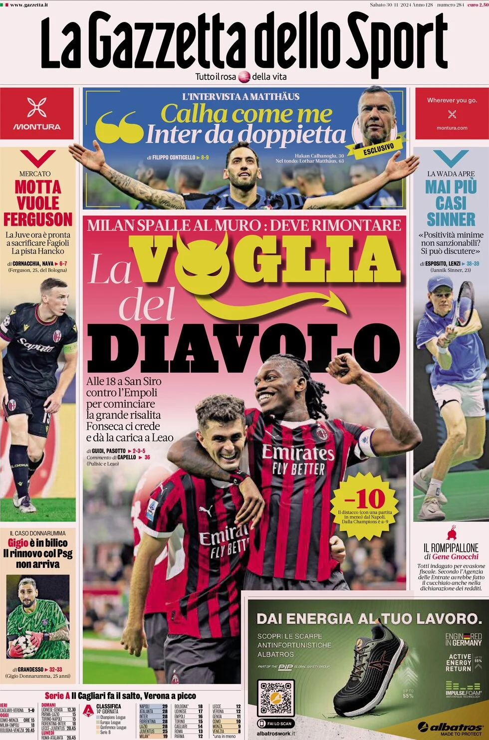 anteprima della prima pagina di la-gazzetta-dello-sport del 30/11/2024