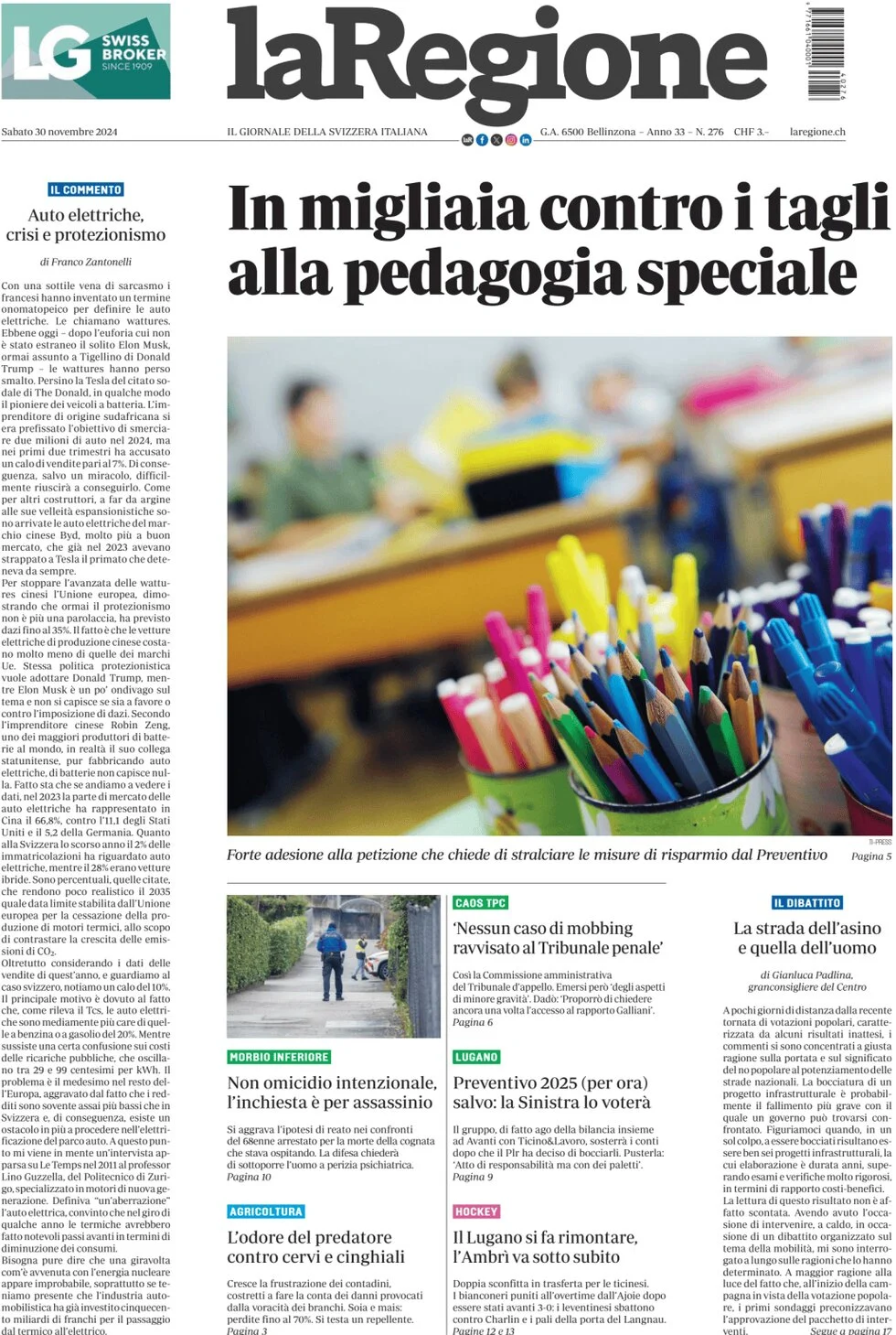 anteprima della prima pagina di la-regione del 30/11/2024
