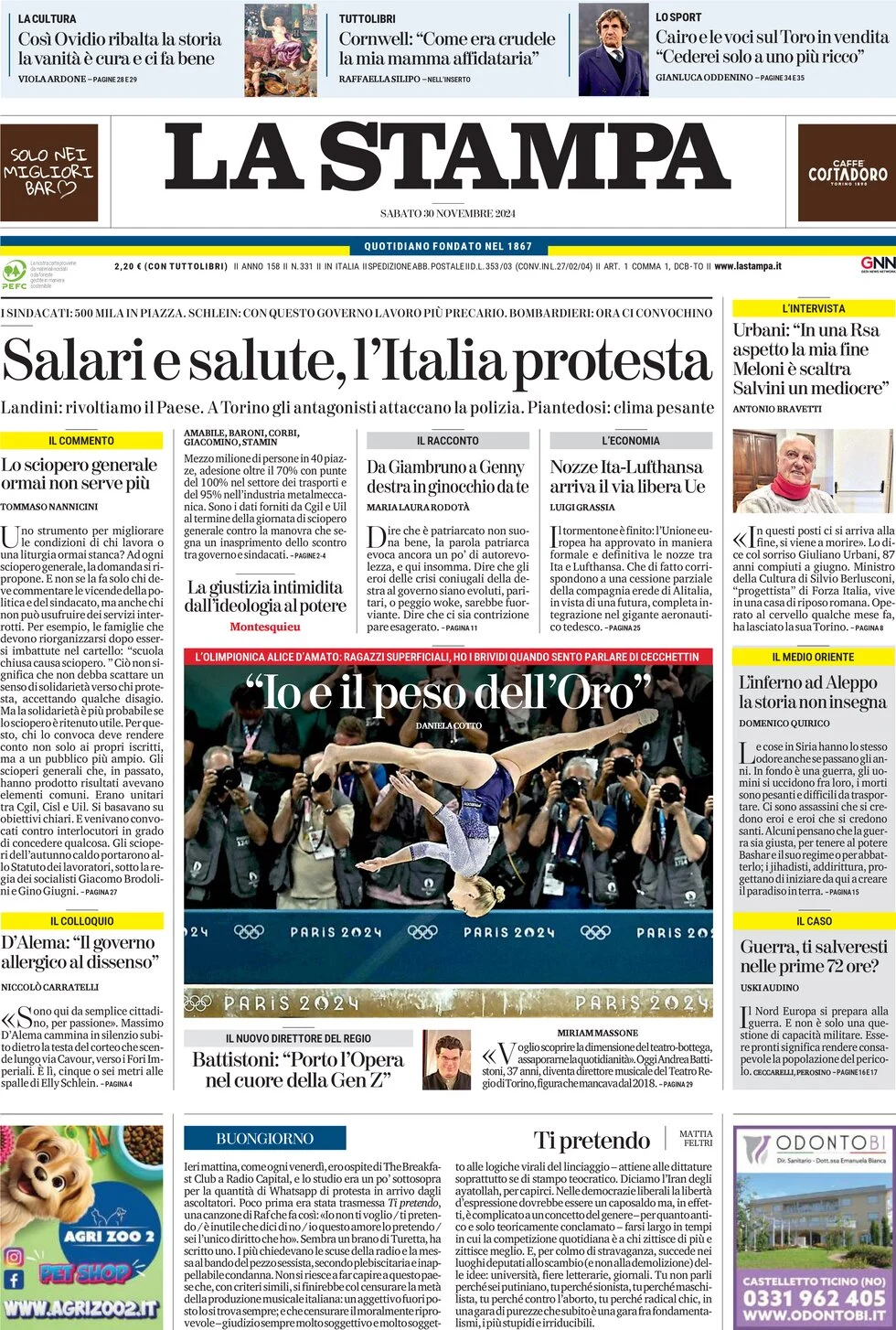 anteprima della prima pagina di la-stampa del 30/11/2024