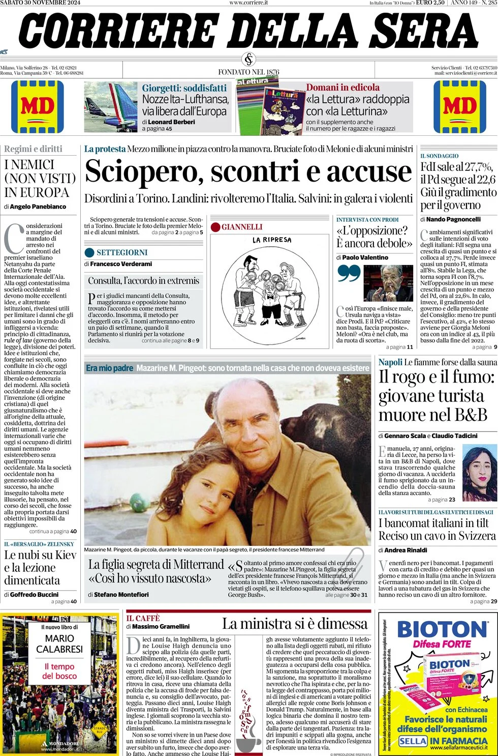 anteprima della prima pagina di corriere-della-sera del 30/11/2024